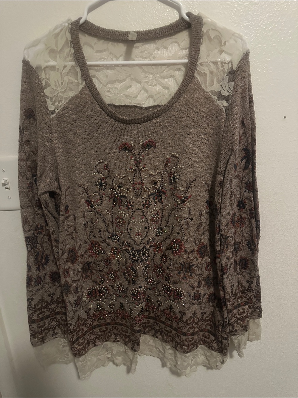 Embroidered Lace-Trim Long Sleeve Top - Taupe nice blouse with lace on the botto